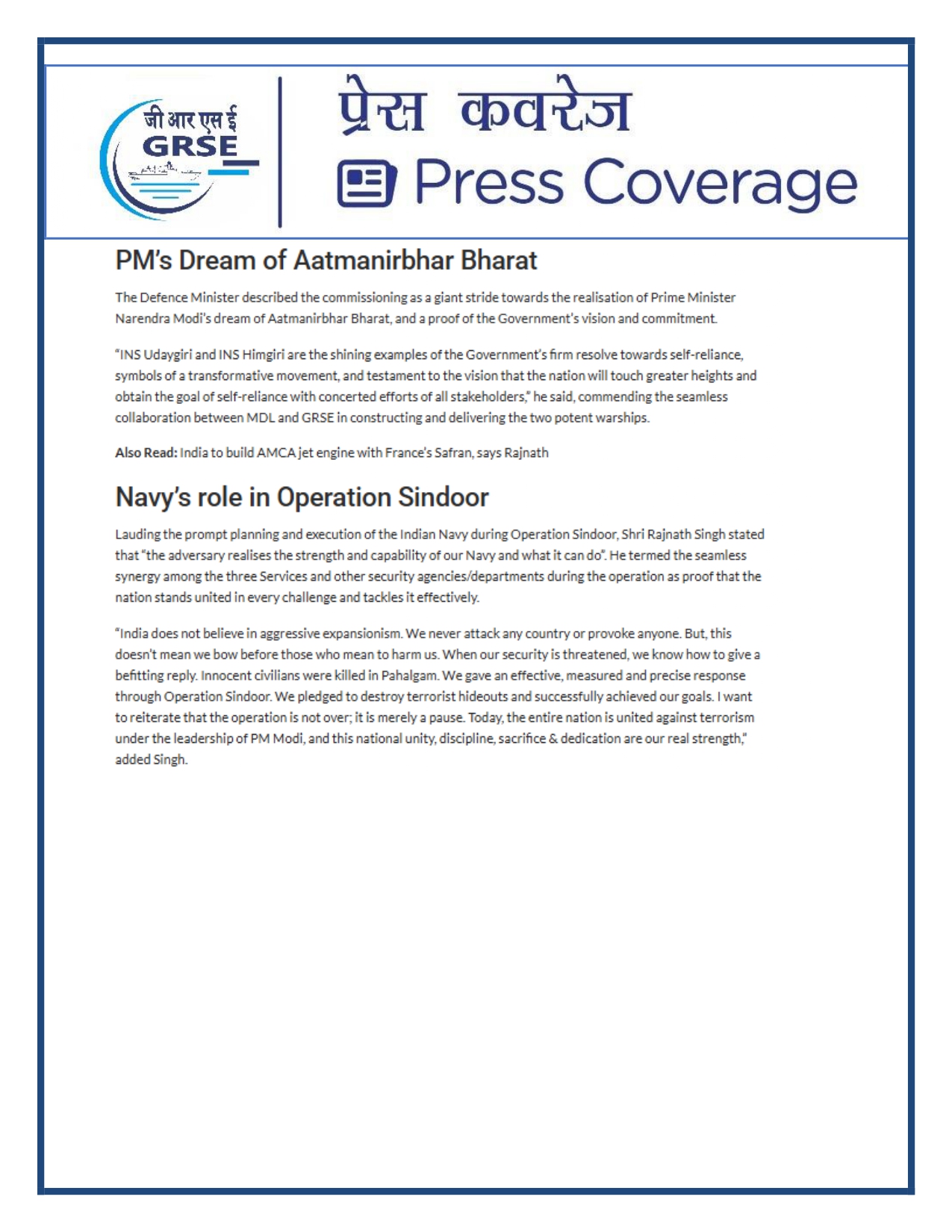 Press Coverage : 27 Aug 25:Defence Ministers commissions two multi-mission stealth frigates, INS Udaygiri and INS Himigiri